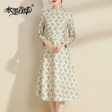 水墨青华2023冬季新款立领优雅改良中国风旗袍时尚印花蕾丝连衣裙商品大图