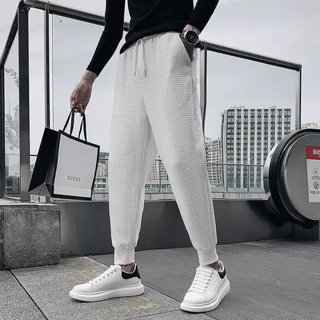 2023秋装男华夫格简约纯色格子束腿裤ins九分裤青年束脚运动卫裤商品大图