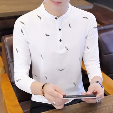 港士博男士长袖t恤秋冬季新款韩版潮修身立领黑色打底衫2021春装商品大图