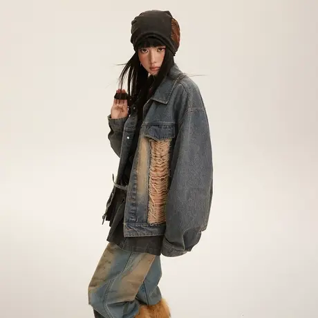 设计感复古做旧磨破牛仔外套女春秋2024新款潮牌宽松oversize夹克商品大图