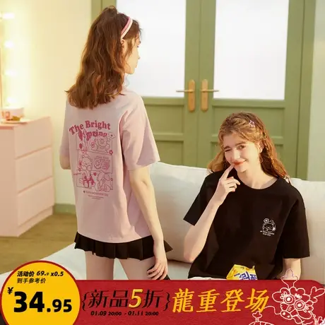 唐狮纯棉短袖t恤女2024新款宽松圆领可爱小众印花春夏季上衣sz商品大图