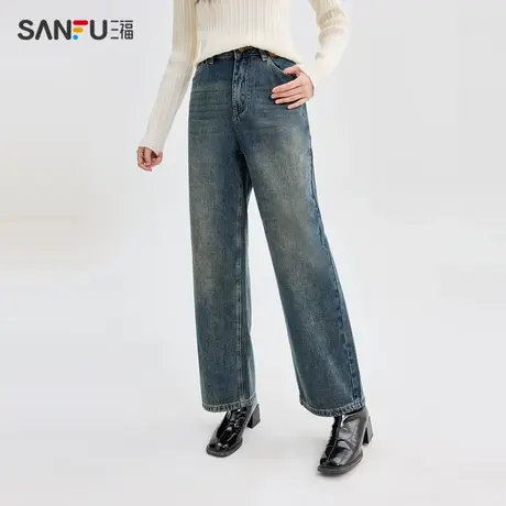 三福牛仔裤2024春季腰头标装饰高腰阔腿裤休闲长裤女装480441商品大图