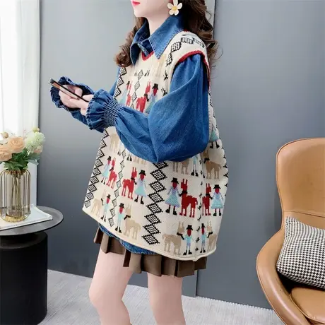 复古卡通圆领针织马甲背心女春季2024年新款洋气减龄无袖坎肩马夹商品大图