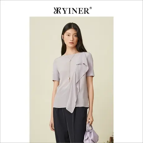 YINER音儿女装2022夏季荷叶边小众莱赛尔天丝衬衫图片