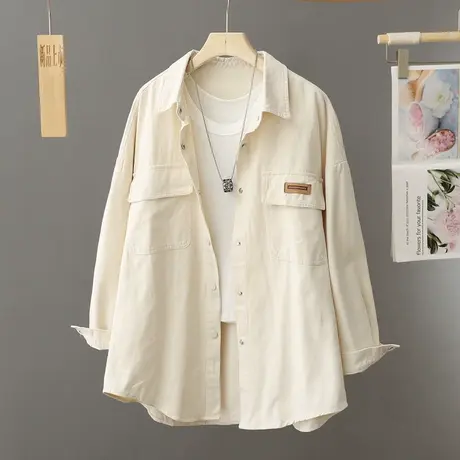 中长款工装衬衫外套女春秋韩版宽松上衣休闲百搭欧货大码女装衬衣图片