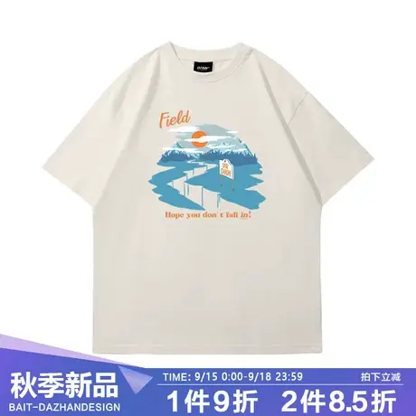 美潮涂鸦t恤男夏季复古美式小众设计感落日半截袖chic纯棉短袖女商品大图