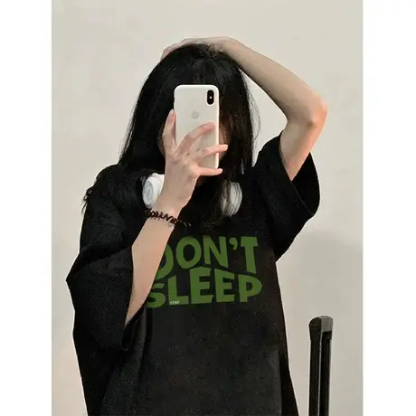 重磅纯棉黑色短袖t恤女ins潮夏季2023年新款宽松美式复古上衣半袖商品大图