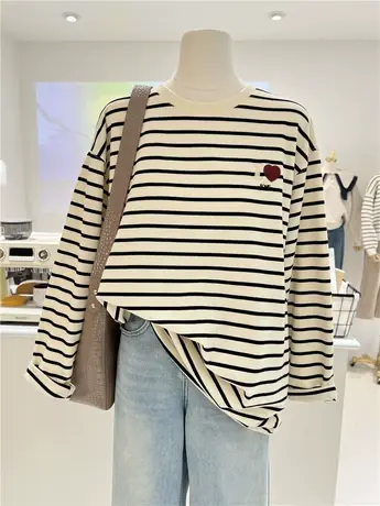 百搭慵懒风植绒刺绣笑脸字母宽松遮臀条纹风长袖打底衫T恤女内搭商品大图