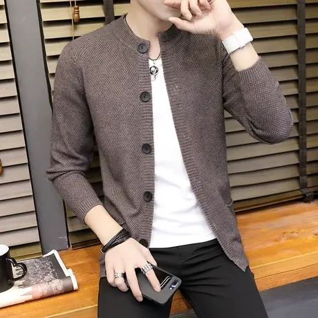 男士毛衣外套修身韩版潮流百搭立领开衫男针织衫长袖薄款帅气外穿商品大图
