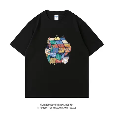 夏季潮牌卡通魔方世界印花短袖T恤男宽松纯棉青少年圆领半袖体恤图片