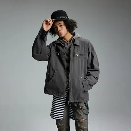 美式复古纯色伐木夹克男士春秋季新款百搭宽松情侣装街头潮牌外套商品大图