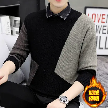 假两件毛衣男秋冬季潮流衬衫领保暖打底针织衫加绒加厚男装羊毛衫商品大图