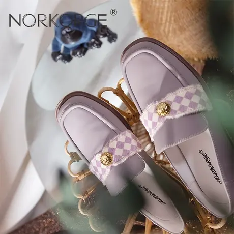 2023新款秋复古仙女风文艺粉紫色乐福鞋单鞋真皮方头粗跟JK平底鞋商品大图