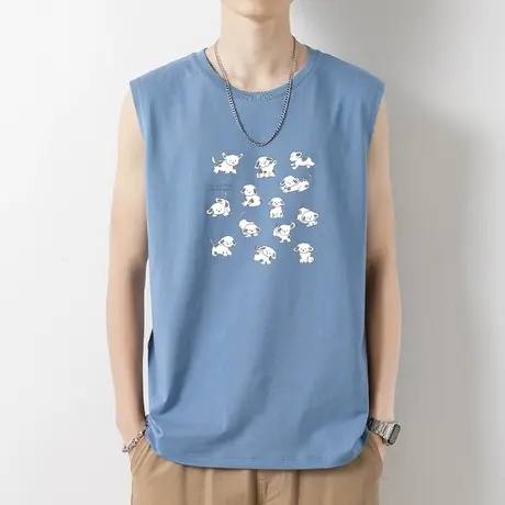 纯棉背心男士健身跨栏夏季外穿宽松潮流印花无袖t恤运动篮球坎肩商品大图