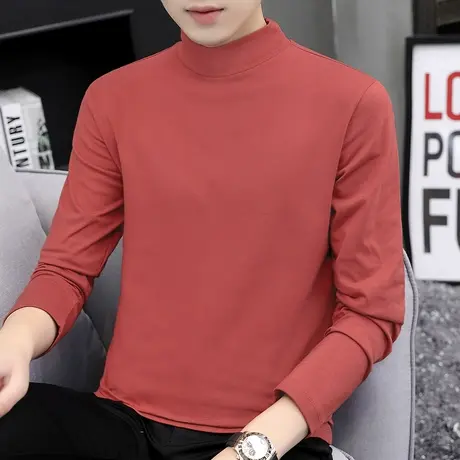 秋季长袖男t恤纯棉纯色半高领内搭打底衫秋衣潮流青少年中领体恤商品大图