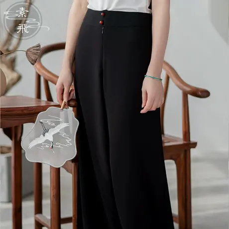 素飞阔腿裤女高腰垂感宽松直筒黑色裤子显瘦百搭雪纺复古中式长裤图片