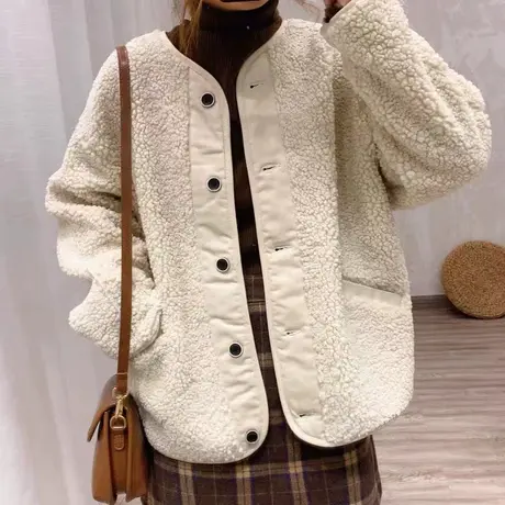 羊羔毛外套女秋冬2021年新款韩版宽松毛绒皮毛一体小个子拼接上衣图片