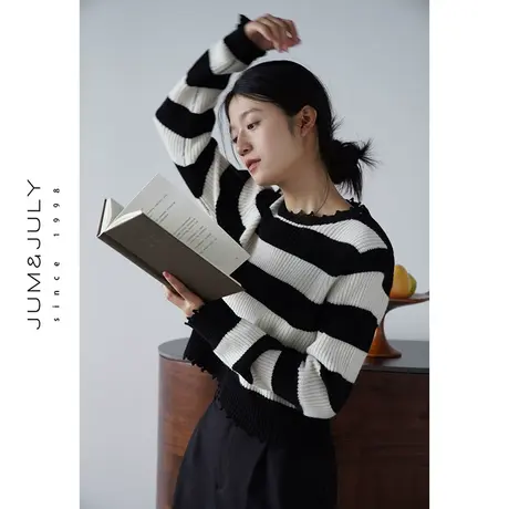 嘉茱莉2023秋季新款1OO羊毛针织衫女条纹针织毛衣短款宽松上衣商品大图