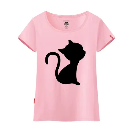 Ohlyah夏装2023新款卡通小黑猫女装短袖T恤韩版修身休闲简约大码图片