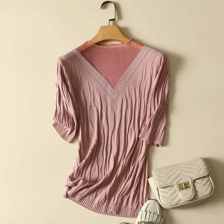 清仓！冰丝针织衫短袖t恤女春夏新款蕾丝半高领修身显瘦薄款上衣商品大图