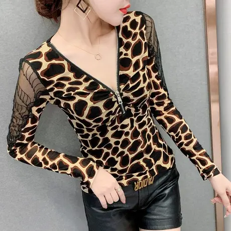 性感V领拉链T恤女长袖网纱拼接豹纹上衣洋气紧身百搭打底衫女春秋商品大图