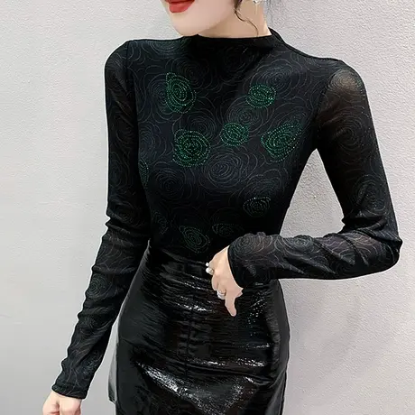 加绒半高领打底衫女内搭长袖秋冬气质烫钻上衣减龄显瘦修身T恤ins商品大图