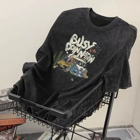 美式重磅美式高街复古短袖t恤男女同款宽松情侣潮牌做旧纯棉上衣商品大图