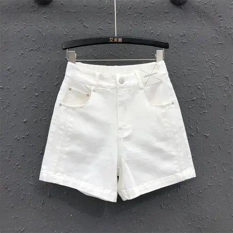 23夏季新款白色简约设计感牛仔短裤女韩版百搭高腰显瘦贴标阔腿裤图片