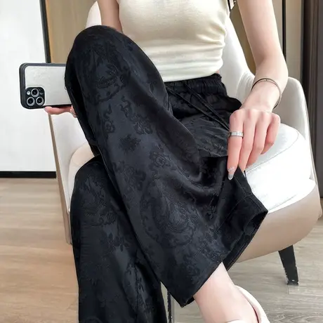 黑色冰丝提花阔腿裤女夏薄款高腰垂感显瘦小众国风防晒休闲拖地裤图片