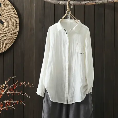 枫谜2022年春装新款简约纽扣双层纱长袖衬衫女宽松休闲百搭衬衣商品大图