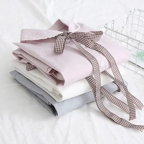 2020春秋新款日系韩范清新长袖打底衬衫女蝴蝶结花边白色衬衣学生商品大图