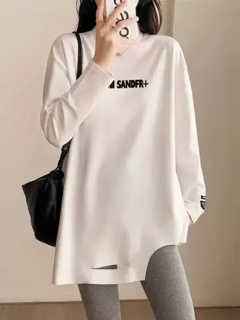 半高领双面德绒打底衫女秋冬中长款宽松显瘦内搭保暖长袖T恤上衣商品大图