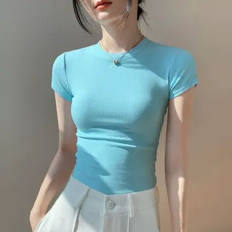 圆领短袖T恤女2023新款正肩紧身收腰显瘦打底衫薄款纯色百搭上衣商品大图