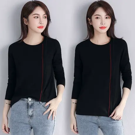 黑色圆领打底衫女春季设计感小众宽松简约彩虹线条长袖上衣2023年图片