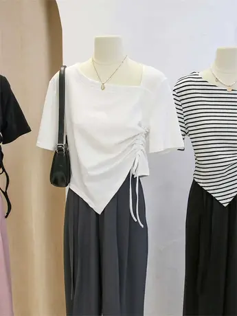 斜领不规则抽绳短袖T恤女2023新款韩版设计感短款显瘦百搭上衣服商品大图