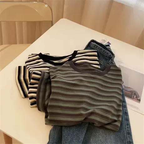 韩版复古百搭德绒条纹短袖T恤女宽松显瘦内搭加厚圆领打底衫上衣图片