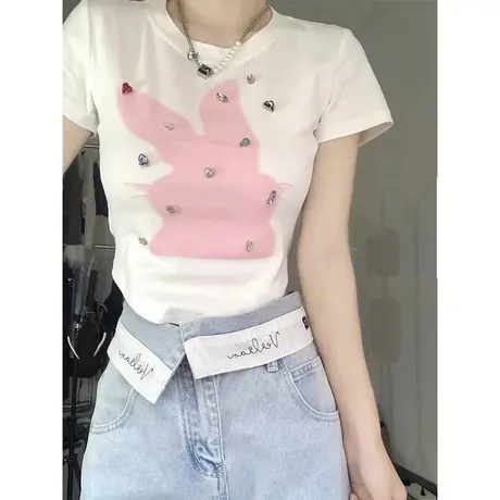 纯欲甜辣妹设计感短袖t恤女夏季2023年新款短款修身显瘦正肩上衣商品大图