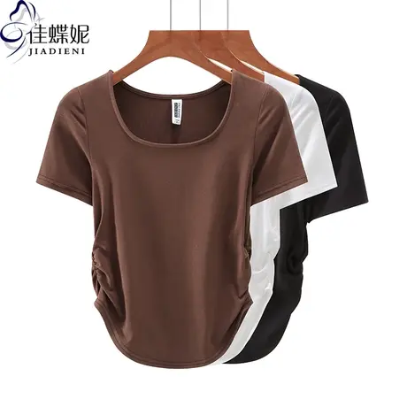 夏季新款韩版圆领短款纯棉褶皱修身纯色纯欲短袖体恤上衣内搭女商品大图