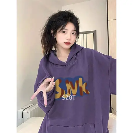 美式复古紫色卫衣女秋冬加绒加厚ins潮牌设计感宽松chic港味外套图片