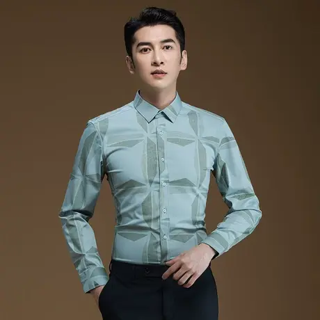 POWO衬衫男长袖几何体印花绿色2023秋季新款商务修身衬衣免烫潮流图片