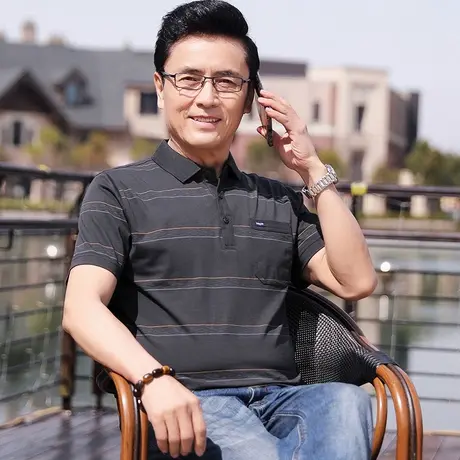 爸爸夏装短袖T恤冰丝棉中年男士薄款上衣中老年人男装爷爷POLO衫商品大图