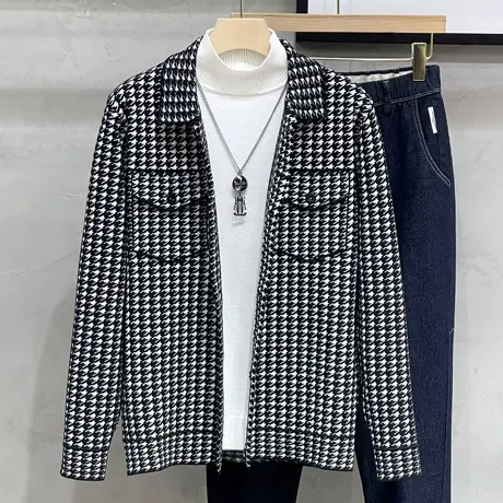 2023新款千鸟格夹克男士春秋季休闲针织毛呢外套短款翻领秋装上衣商品大图