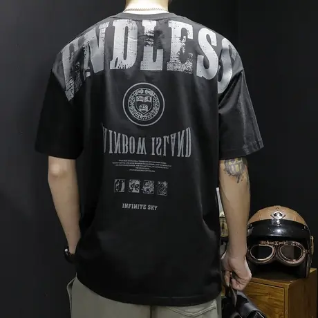 字母印花短袖t恤男夏季宽松ins潮牌胖子大码加肥加大体恤2023新款商品大图