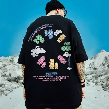 国潮oversize小熊短袖T恤男潮欧美潮牌高街嘻哈胖子半袖夏季潮流商品大图