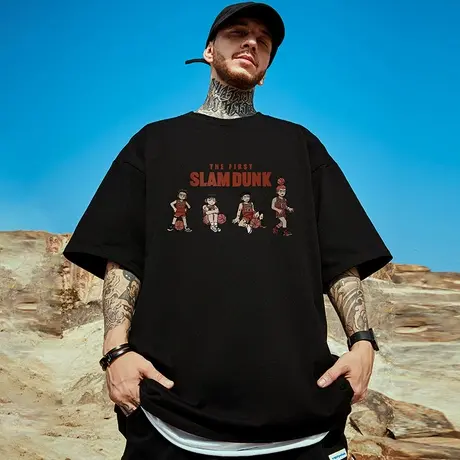 摩严港风日系潮牌胖子男装大码国潮嘻哈宽松卡通短袖T恤大码半袖商品大图