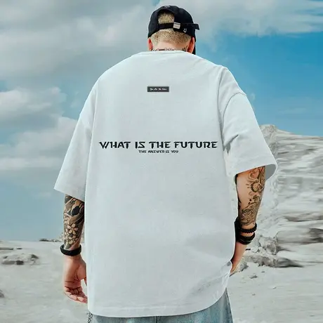 重磅潮牌宽松肥佬T恤胖子短袖男加肥加大五分袖字母大码男装夏季商品大图