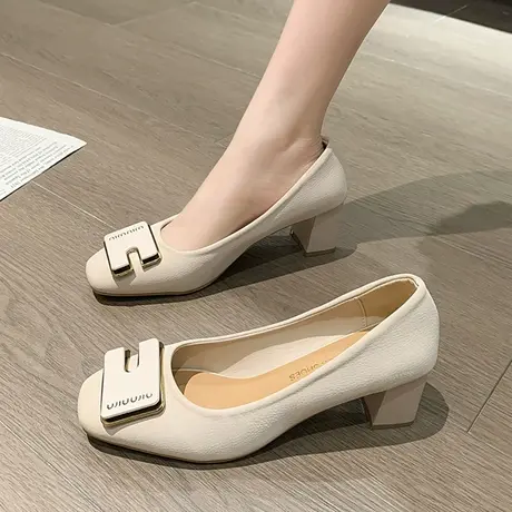 法式高跟鞋女粗跟2023新款气质通勤职业工作鞋舒适软皮不累脚单鞋商品大图