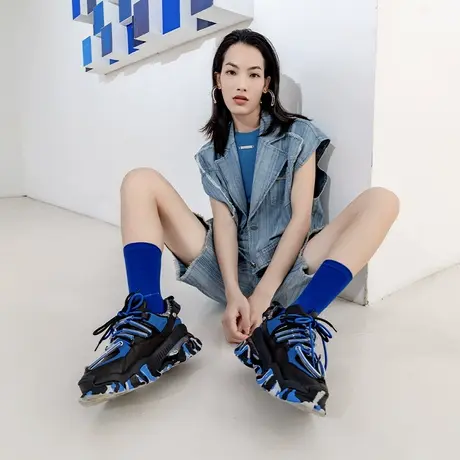 VME/舞魅黑色休闲运动海军风秋冬新款设计感内增高撞色老爹鞋女潮商品大图