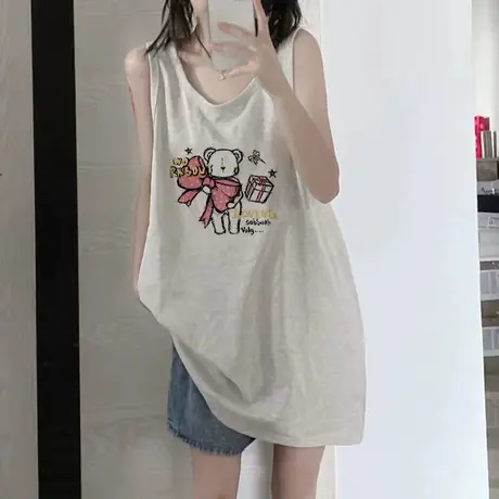美式复古纯棉吊带运动坎肩背心无袖t恤女夏季外穿宽松篮球服上衣商品大图