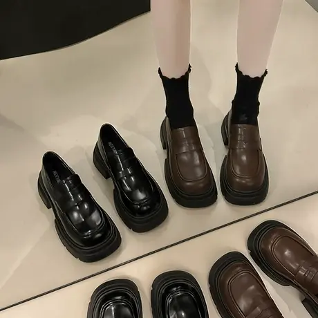 厚底乐福鞋女春秋2024新款复古通勤粗跟单鞋一脚蹬大头英伦小皮鞋图片